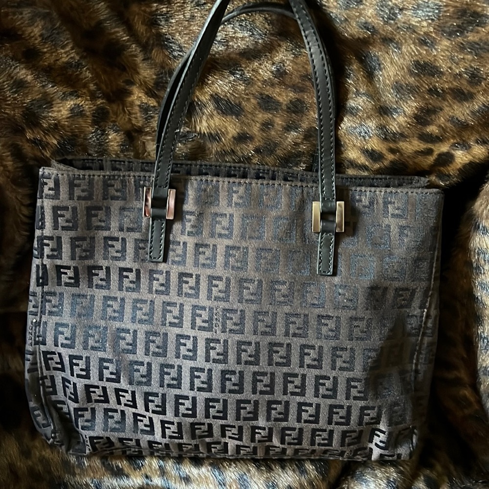 FENDI zucchino logo, hand/shoulder bag, small tote, brown/black,nylon canvas